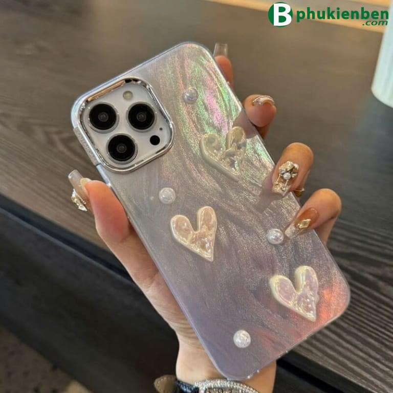 Ốp lưng gợn sóng gắn nơ và tim đẹp cute cho điện thoại ip