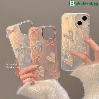 Ốp lưng gợn sóng gắn nơ và tim đẹp cute cho điện thoại ip