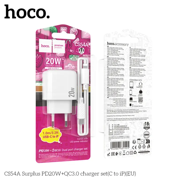 Bộ sạc Hoco Surplus PD20W+QC3.0 CS54A (C đến iP) (EU)