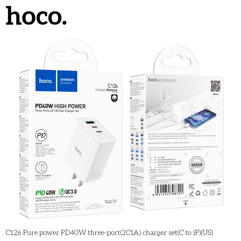Bộ sạc HOCO C126A PURE POWER 3 CỔNG PD40W(2C1A) (EU)