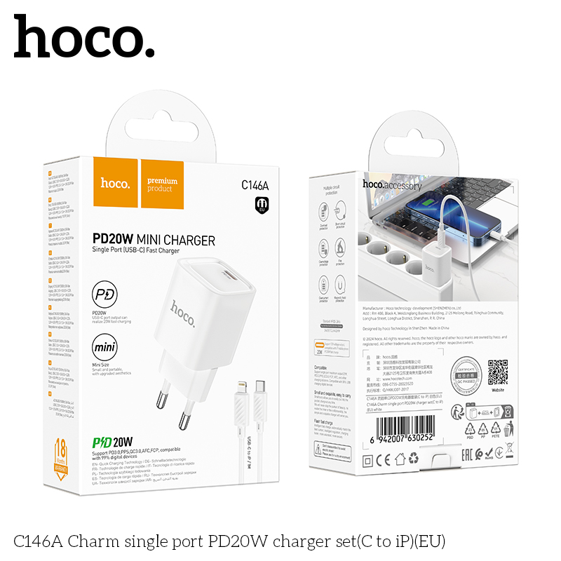 Bộ sạc HOCO C146A Charm cổng đơn PD20W (C đến iP) (EU)