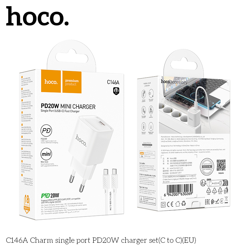 Bộ sạc Hoco C146A Charm cổng đơn PD20W (C đến C) (EU)