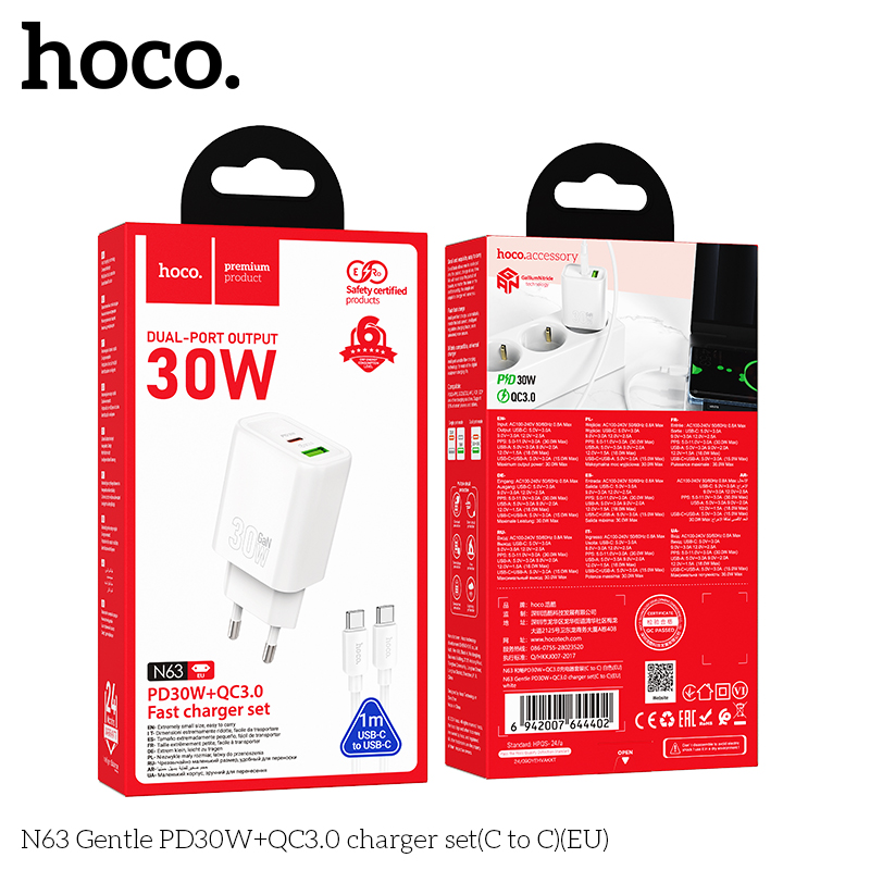Bộ sạc Hoco N63 Gentle PD30W+QC3.0(C đến C)(EU) - Ảnh 2