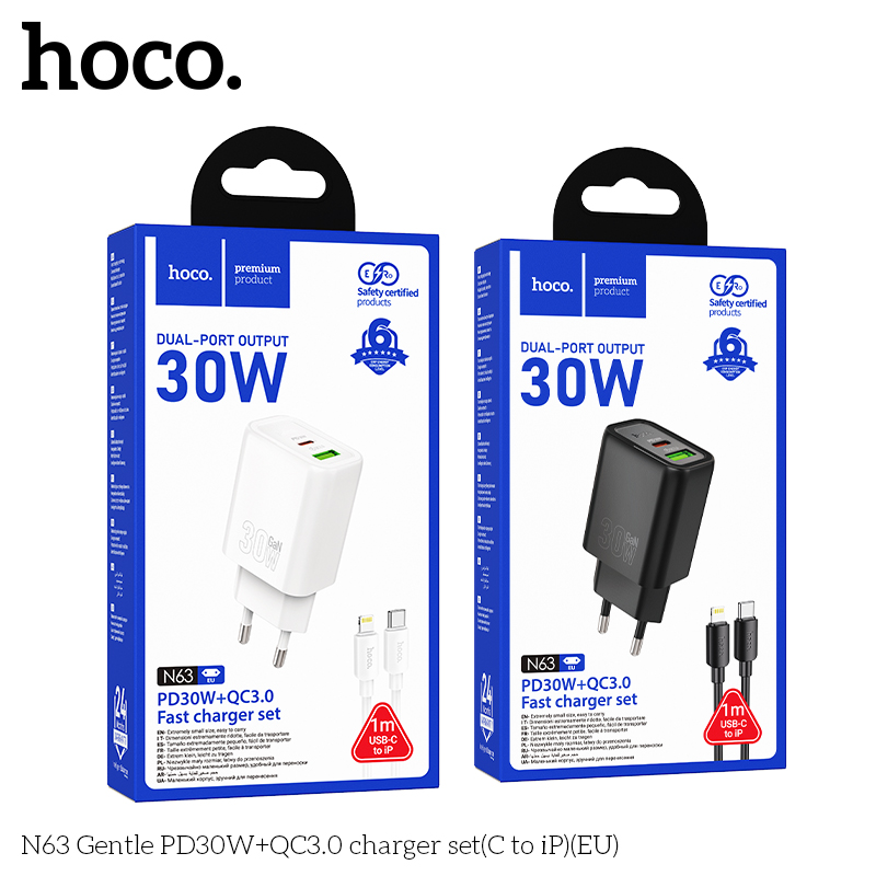 Bộ sạc Hoco N63 Gentle PD30W+QC3.0(C sang iP)(EU)