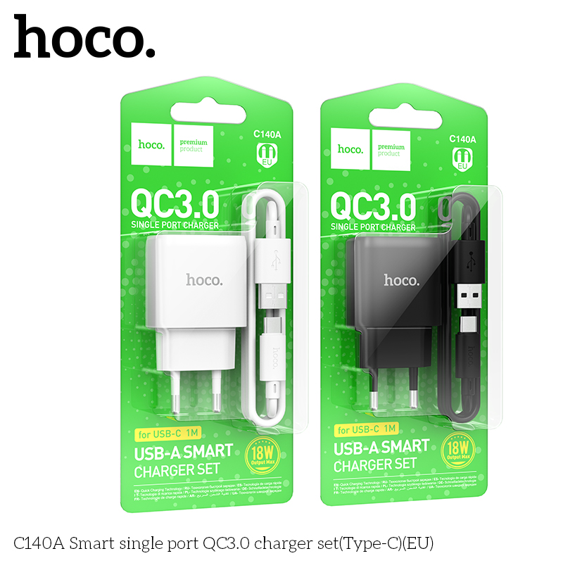 Bộ sạc Hoco QC3.0 cổng đơn thông minh C140A(Type-C)(EU)