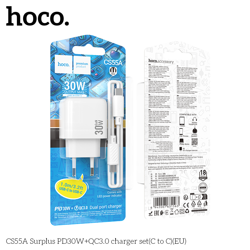 Bộ sạc Hoco Surplus PD30W+QC3.0 CS55A (C đến C) (EU)