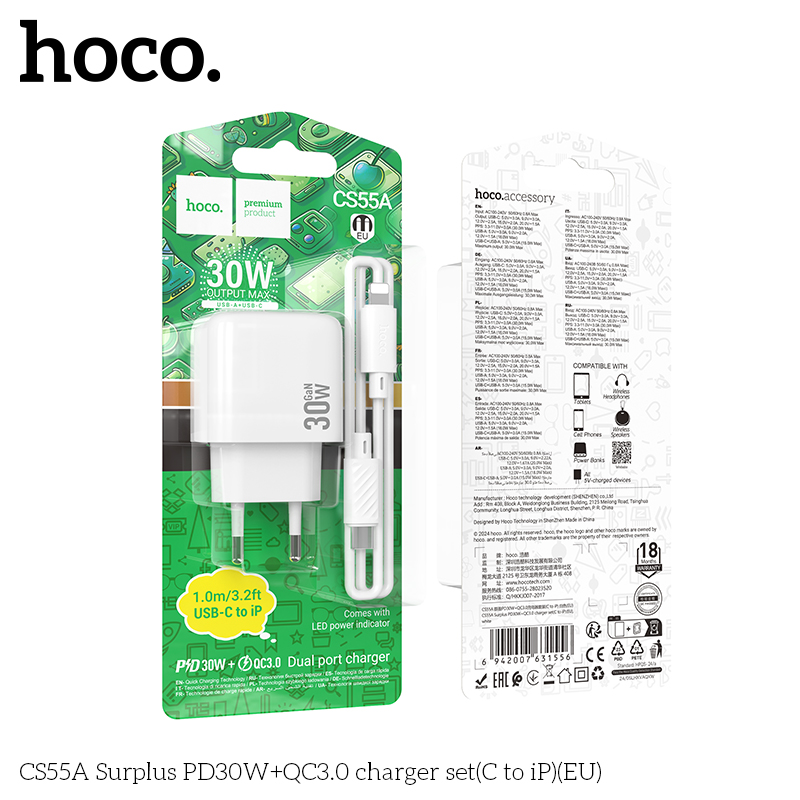 Bộ sạc Hoco Surplus PD30W+QC3.0 CS55A (C đến iP) (EU)