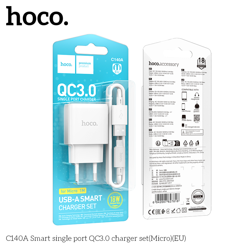 Bộ sạc thông minh Hoco QC3.0 cổng đơn C140A(Micro)(EU) - Ảnh 2