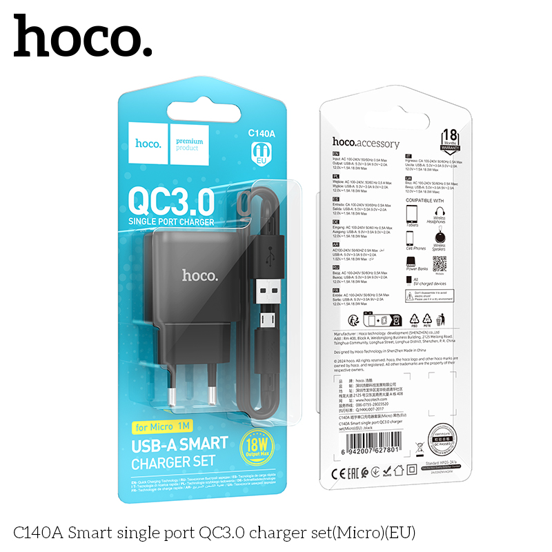 Bộ sạc thông minh Hoco QC3.0 cổng đơn C140A(Micro)(EU) - Ảnh 3