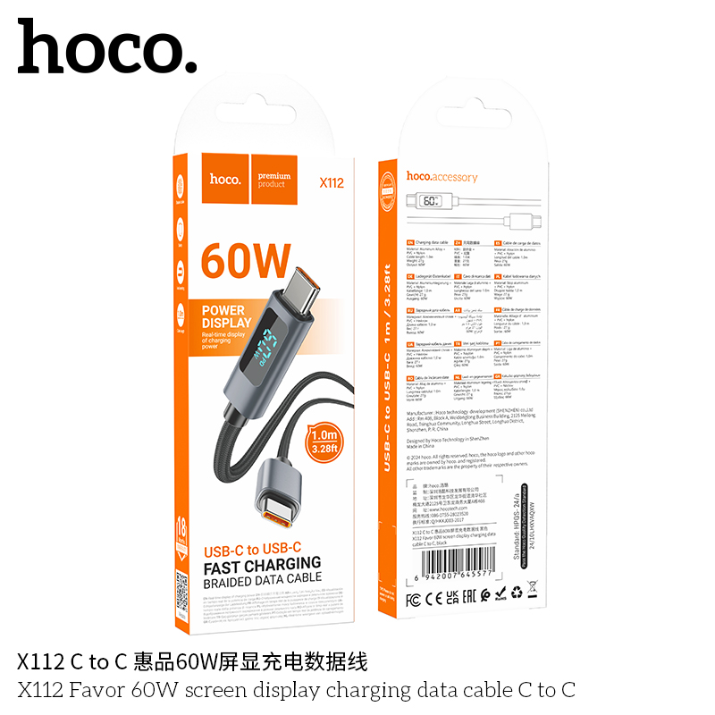 Cáp dữ liệu sạc màn hình Hoco X112 Favor 60W C đến C