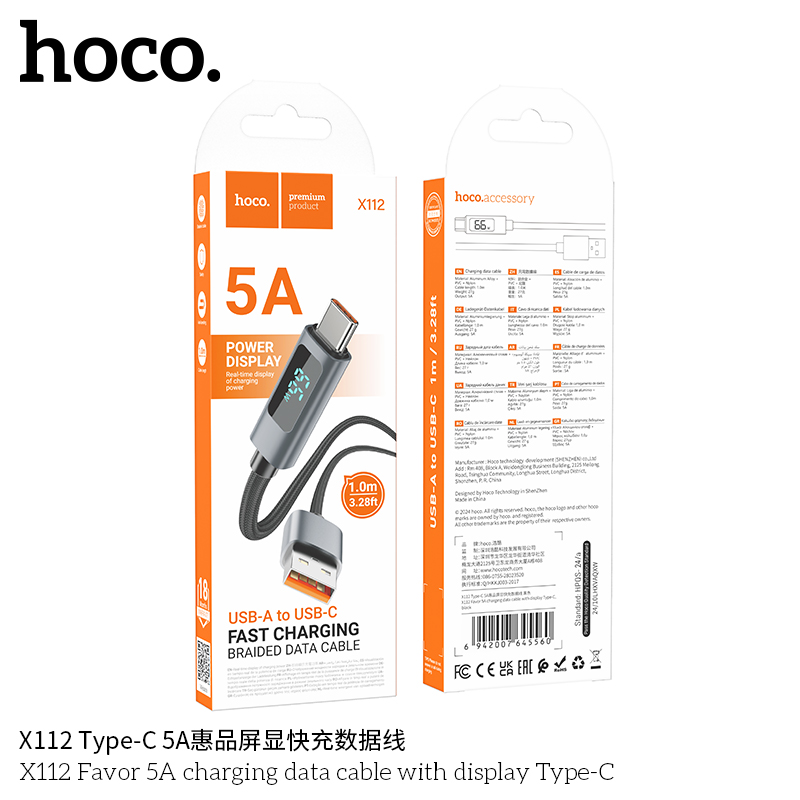 Cáp dữ liệu sạc Hoco X112 Favor 5A có màn hình Type-C