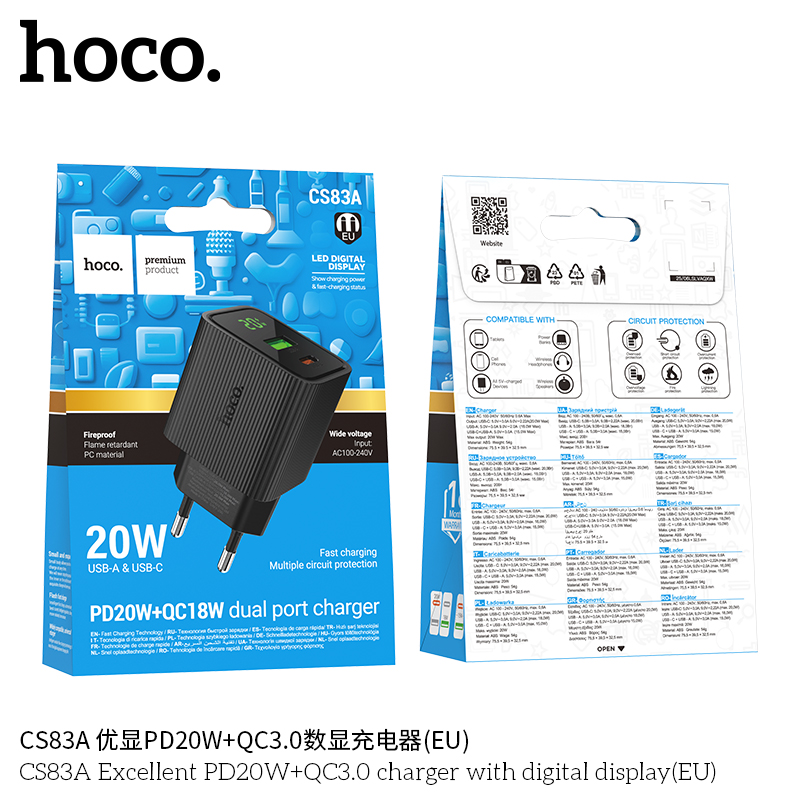 Cốc sạc Hoco CS83A PD20W+QC3.0 cao cấp có màn hình hiển thị kỹ thuật số (EU)