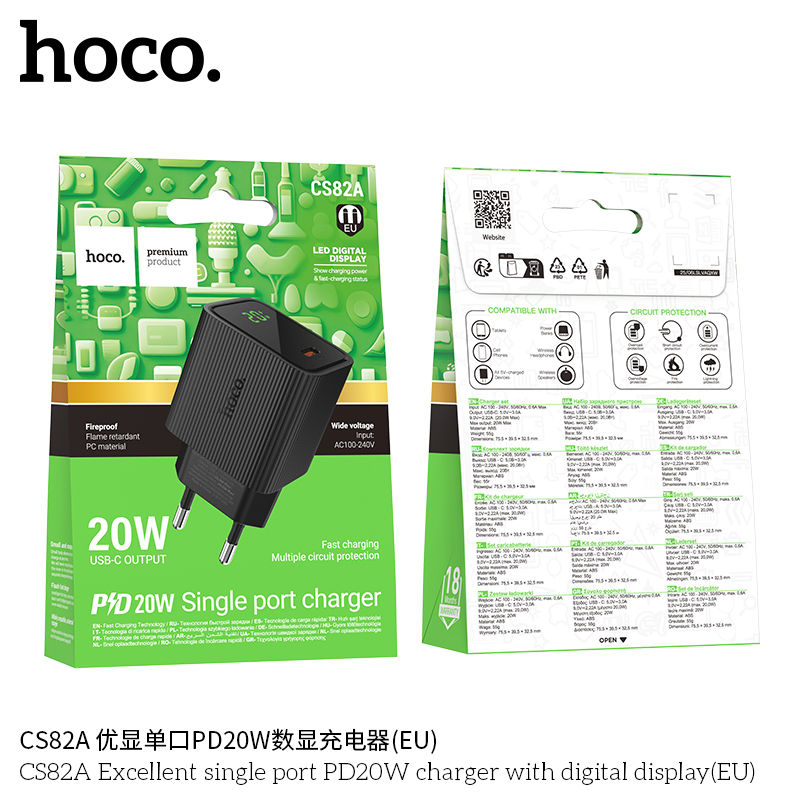 Cốc sạc PD20W một cổng Hoco CS82A với màn hình hiển thị kỹ thuật số (EU)