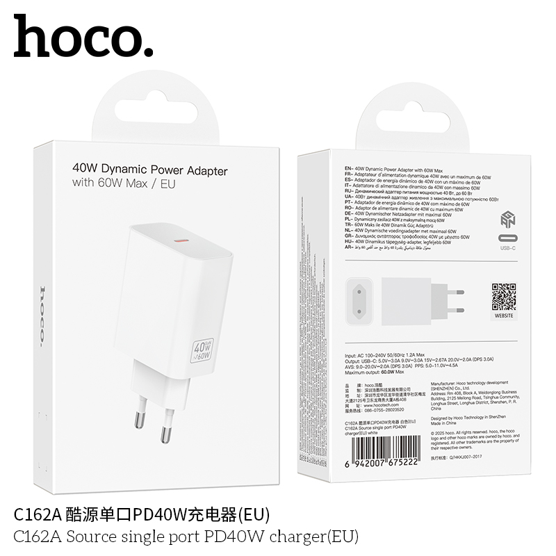 Cốc sạc PD40W Hoco C162A một cổng (chuẩn EU)