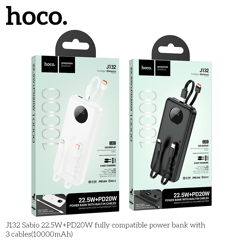 Pin dự phòng Hoco J132 22,5W+PD20W kèm 3 dây cáp (10000mAh)