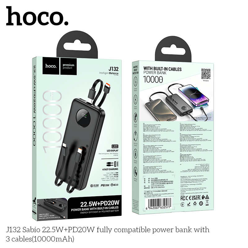Pin dự phòng Hoco J132 22,5W+PD20W kèm 3 dây cáp (10000mAh) - Ảnh 2