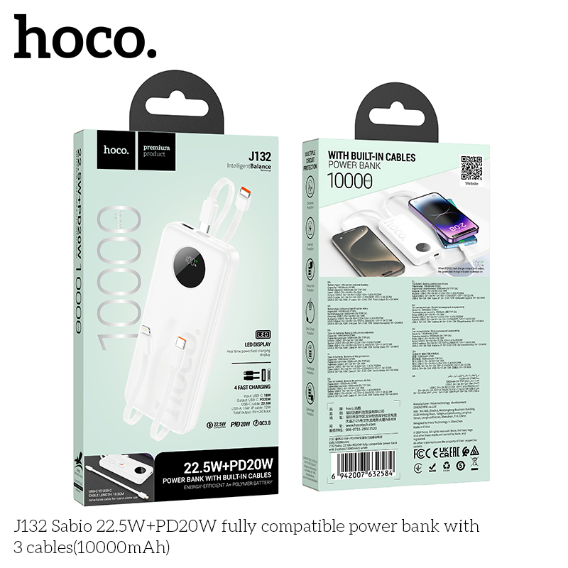 Pin dự phòng Hoco J132 22,5W+PD20W kèm 3 dây cáp (10000mAh) - Ảnh 3