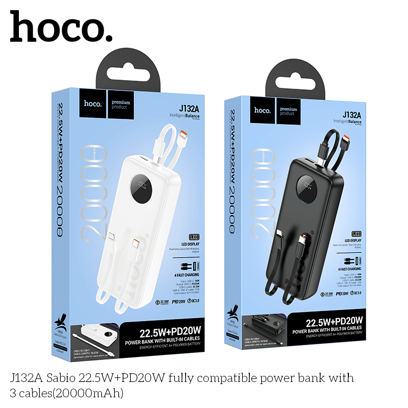 Pin dự phòng Hoco J132A Sabio 22.5W+PD20W kèm 3 dây cáp (20000mAh)