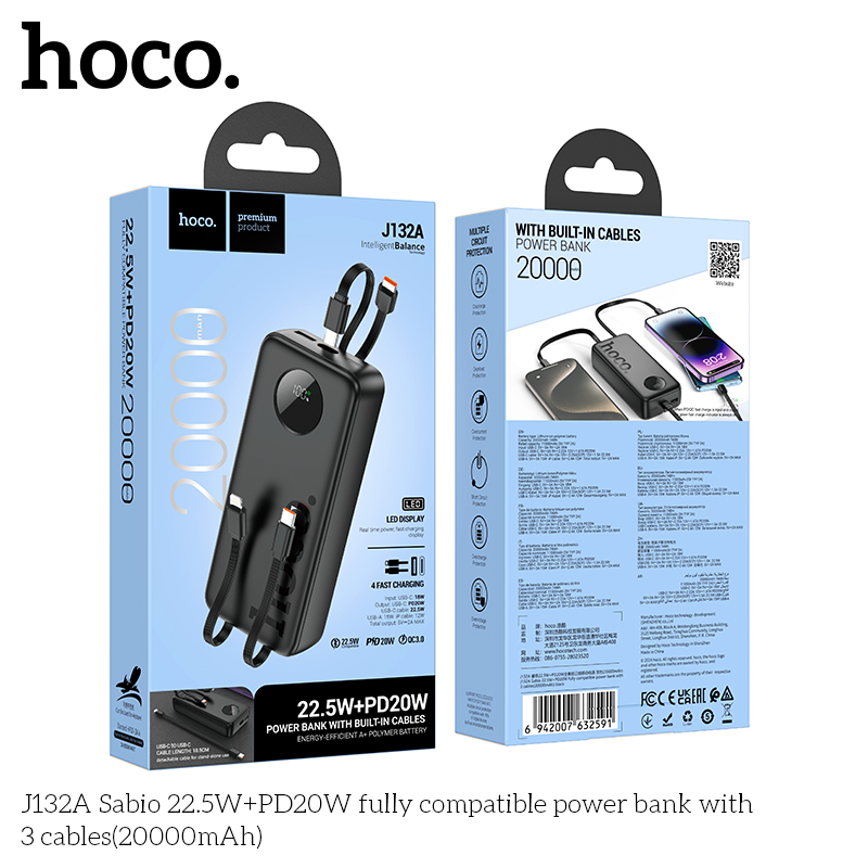 Pin dự phòng Hoco J132A Sabio 22.5W+PD20W kèm 3 dây cáp (20000mAh) - Ảnh 2
