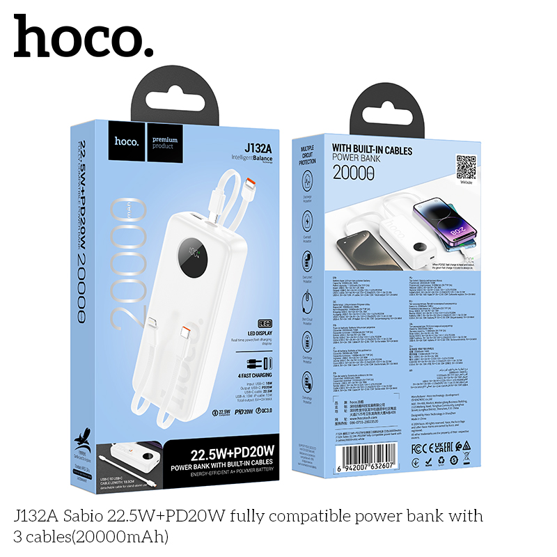 Pin dự phòng Hoco J132A Sabio 22.5W+PD20W kèm 3 dây cáp (20000mAh) - Ảnh 3